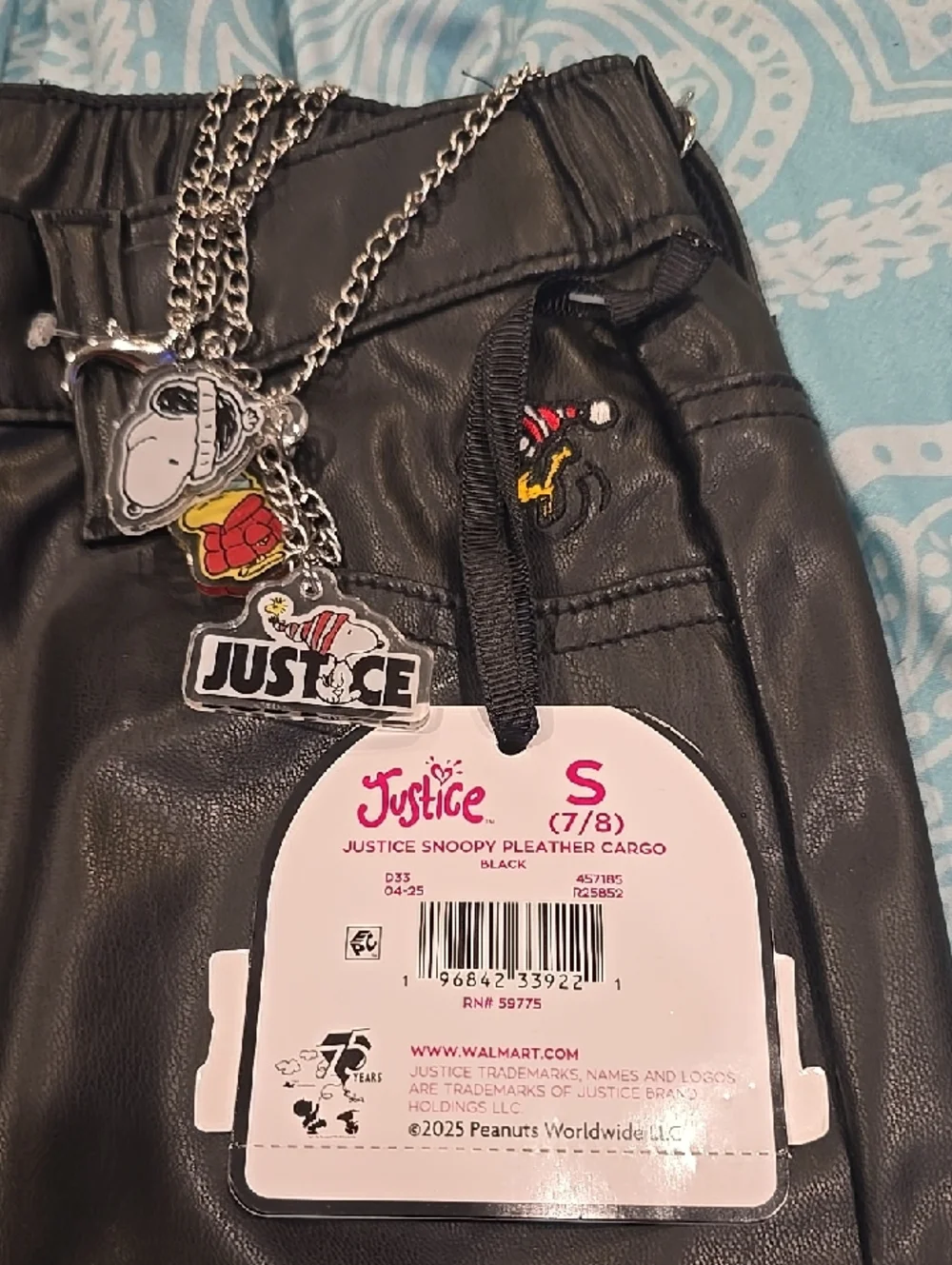 New Black Faux Leather Cargo Pants with Patch Detail Snoopy